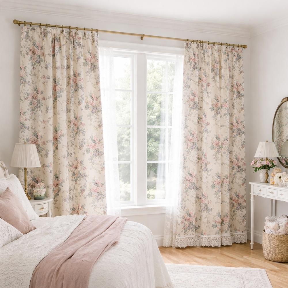 2 Vintage Floral Curtains Cream, Lace, Roses L/W 70" Living/Bedroom Like NEW